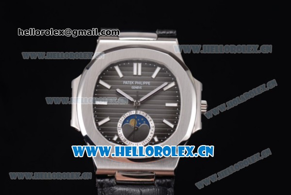 Patek Philippe Nautilus Miyota 9015 Automatic Steel Case with Black Dial Black Leather Strap and Stick Markers - Click Image to Close